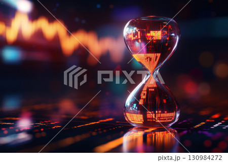 Abstract glowing hourglass with digital graphs pouring out, symbolizing the flow of time impacting business results, Glowtime Business, time and business results 130984272