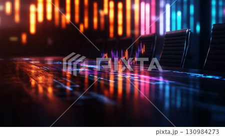 Business meeting table illuminated by glowing charts and graphs, time flowing in neon streaks above, Glowtime Business, futuristic corporate strategy session 130984273