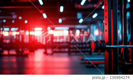 Bright red gym equipment in a modern industrialstyle gym with natural lighting, fitness machines, kettlebells, and weights, perfect for a health and wellness concept 130984274