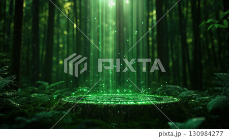 A glowing sundial casting radiant beams in a mystic forest, representing ancient timekeeping in modern light, Glowtime, nature meets technology 130984277