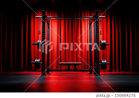 Abstract composition of red gym equipment against a dark backdrop, dramatic lighting and strong shadows, highlighting strength and endurance 130984278