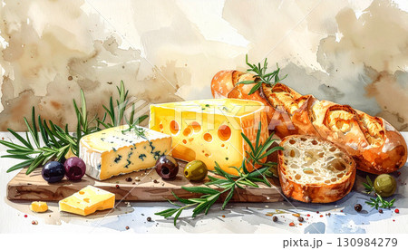 美味しそうなチーズとバゲットの水彩画イラスト背景 130984279