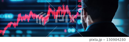 Businessman observing a falling interest rate graph with concern, economic downturn visualization 130984280
