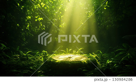 A glowing sundial casting radiant beams in a mystic forest, representing ancient timekeeping in modern light, Glowtime, nature meets technology 130984286