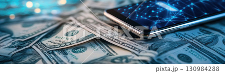 Animated stack of dollar bills with payday notification on smartphone screen, Digital Payday, online banking, financial technology 130984288