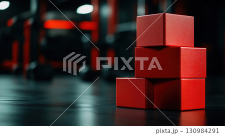 Red plyometric boxes stacked in front of an industrialstyle gym wall, emphasizing explosive training and highperformance fitness 130984291