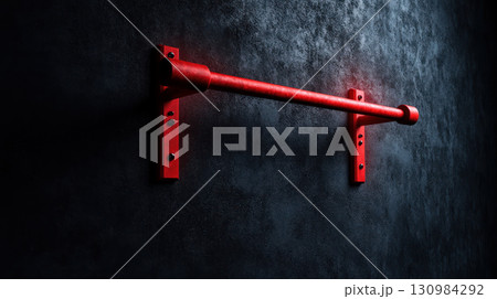 Red pullup bars mounted on a gray concrete wall, dramatic angle and lighting, emphasizing endurance and urban fitness aesthetics 130984292