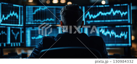 Businessman analyzing bond yield curves on multiple screens in a modern office, thoughtful expression, Bond Yield Insights, financial strategy, investment decisions 130984332