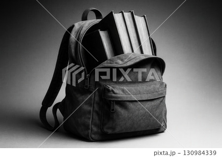 Backpack with Books on Gradient Background, Back to School Illustration	 130984339