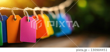 Colorful tags hanging on a string, perfect for crafts, gifts, or labeling, adding a vibrant touch to any project or event. Colorful tags hanging on a string, perfect for crafts, gifts, or labeling, adding a vibrant touch to any project or event. 130984451