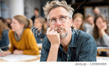 Thoughtful Man in Classroom Setting with Students in Background 130984469
