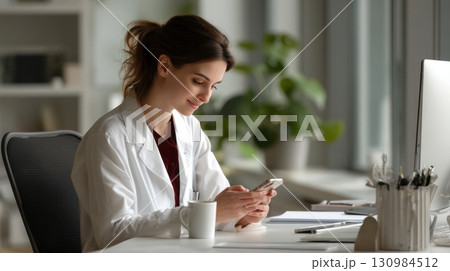 Young Professional Woman Engaged in Mobile Communication at Desk 130984512