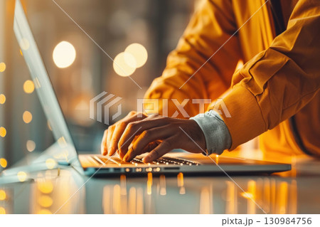 Engineer analyzing data on a laptop beside solar panels, medium shot, natural light, techsavvy style, focus on technology 130984756