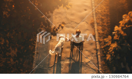 Child in wheelchair playing with dog in backyard, golden hour, joyful moment, aerial view, vibrant colors 130984764