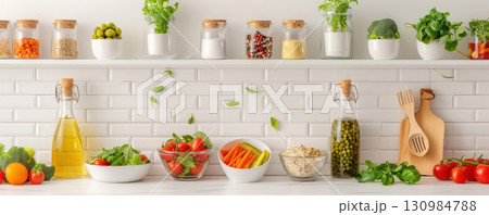 Healthy meal prep with fresh ingredients on a kitchen island, overhead shot, bright lighting, minimalist style, clean lines Healthy meal prep with fresh ingredients on a kitchen island, overhead shot, bright lighting, minimalist style, clean lines 130984788
