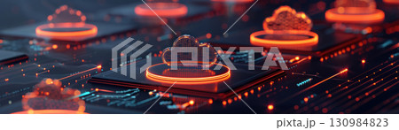 Closeup of cloud icons on a digital interface, studio lighting highlighting details, cloud, data, technology, studio lighting, tech user interface 130984823