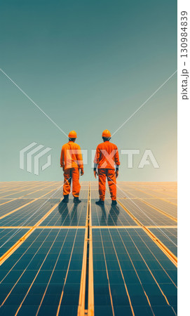 Engineers discussing solar energy project on a construction site, wideangle lens, midday sun, collaborative environment 130984839