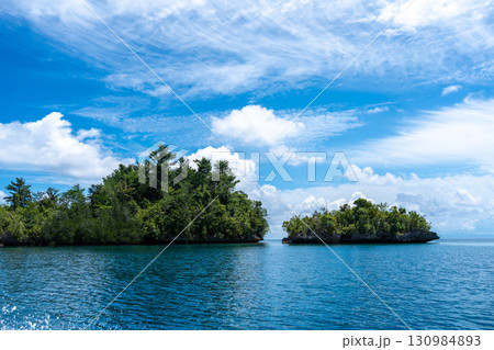 Rocky islets under blue sky, Togian Islands, Sulawesi, Indonesia 130984893