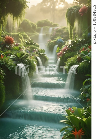 Lush, vibrant landscape with cascading waterfalls flowing over terraced, verdant cliffs. The scene is abundant with large, colorful flowers and various tropical plants like Heliconia (Heliconia spp.) Lush, vibrant landscape with cascading waterfalls flowing over terraced, verdant cliffs. The scene is abundant with large, colorful flowers and various tropical plants like Heliconia (Heliconia spp.) 130984915