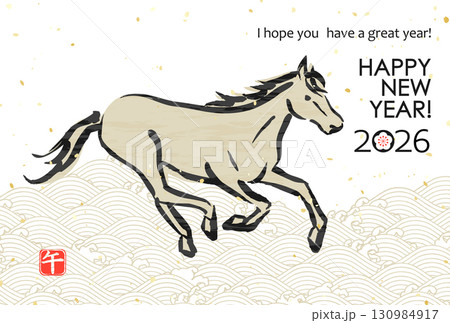 2026年 日本の年賀素材 波模様に馬 2026年 日本の年賀素材 波模様に馬 130984917