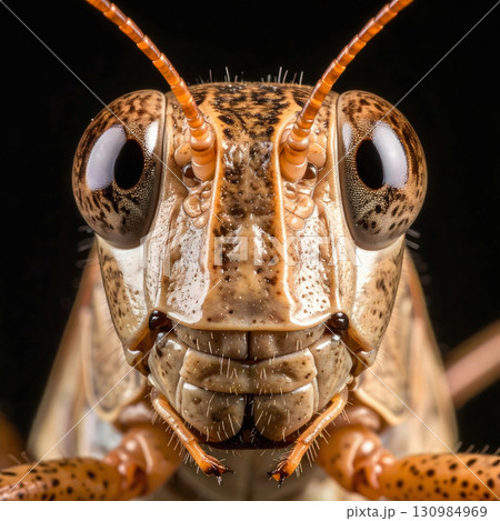 Extreme macro portrait of a grasshopper with detailed eyes 130984969