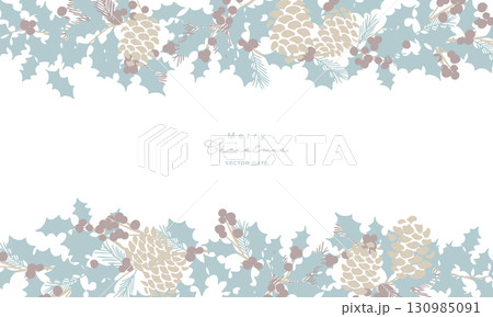 ヒイラギのベクターイラスト。クリスマスリースと松ぼっくりのフレーム。クリスマスの装飾ベクターフレーム 130985091