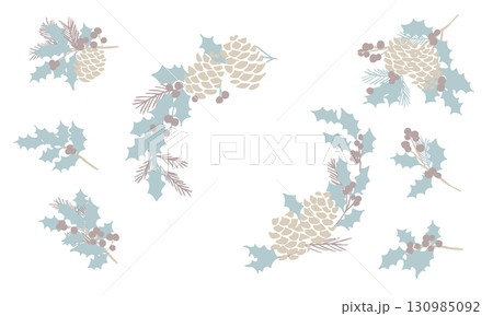 ヒイラギのベクターイラスト。クリスマスリースと松ぼっくりのフレーム。クリスマスの装飾ベクターフレーム ヒイラギのベクターイラスト。クリスマスリースと松ぼっくりのフレーム。クリスマスの装飾ベクターフレーム 130985092