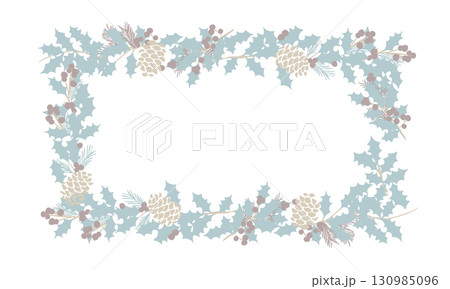 ヒイラギのベクターイラスト。クリスマスリースと松ぼっくりのフレーム。クリスマスの装飾ベクターフレーム 130985096