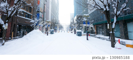 雪が積もる冬の旭川平和通買物公園から旭川駅方面を見た風景 雪が積もる冬の旭川平和通買物公園から旭川駅方面を見た風景 130985188