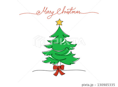 Continuous line drawing color christmas tree and greeting merry christmas handwriting, Concept of Christmas. Holiday, New year.  Vector design illustration on white background. 130985335