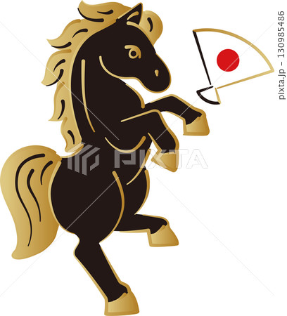 年賀2026　金色と黒い馬のベクターイラスト。午年の年賀状素材 130985486