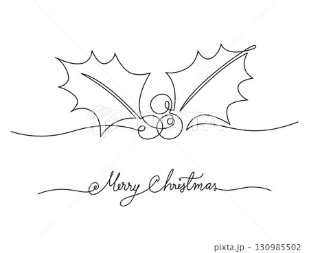 Continuous line vector illustration of holly berry leaves with Merry Christmas handwritten text. Minimalistic and simple style. Perfect for cards, templates and Christmas designs. Continuous line vector illustration of holly berry leaves with Merry Christmas handwritten text. Minimalistic and simple style. Perfect for cards, templates and Christmas designs. 130985502