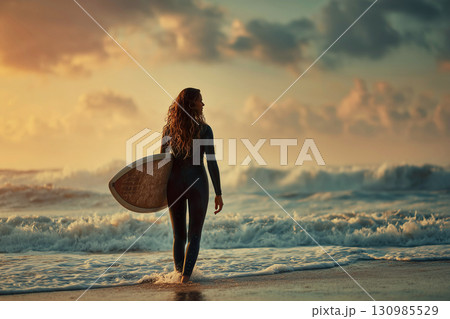 Female surfer in black wetsuit with surfboard entering sea at sunset 130985529