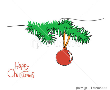 Continuous line drawing and color Christmas tree branch with decoration ball and greeting merry christmas, Concept of Christmas. Holiday, New year.  Vector design illustration on white background. 130985656