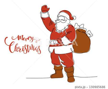 Continuous line drawing and color santa claus standing waving hello with gift bag, Concept of Christmas. Holiday, New year.  Vector design illustration on white background. 130985686