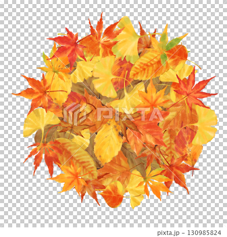 色とりどりに紅葉した落ち葉の円形デコレーション　手描き水彩タッチのイラスト 130985824