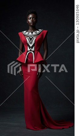 Elegant african model in a red couture gown with traditional ethnic beadwork on a dark background 130985846