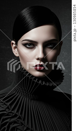 Avant-garde fashion portrait of a beautiful woman with dramatic makeup and a high collar Avant-garde fashion portrait of a beautiful woman with dramatic makeup and a high collar 130985854