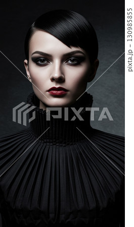 High fashion portrait of a beautiful woman with dramatic makeup and a pleated black collar 130985855