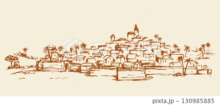 City in a desert. Vector drawing 130985885