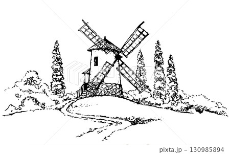 Vector drawing. The outline of the summer landscape with mill 130985894