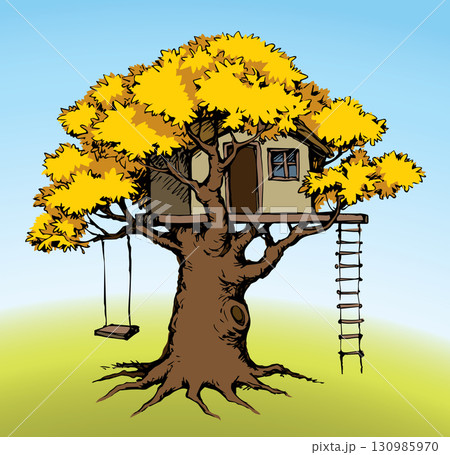 Wooden tree house. Vector drawing Wooden tree house. Vector drawing 130985970
