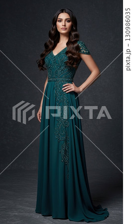 Elegant woman in a long green evening gown with beaded embroidery posing in a dark studio 130986035