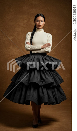 Confident woman in avant-garde gown with tiered skirt and long braid posing in the studio 130986048