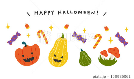 ハロウィンのかぼちゃとお菓子の手書きイラスト 130986061