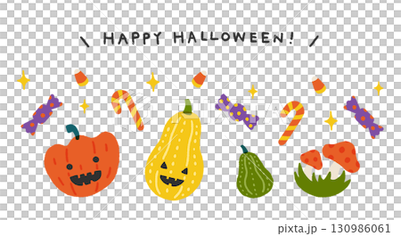 ハロウィンのかぼちゃとお菓子の手書きイラスト 130986061