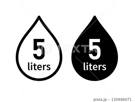 Water capacity icons set. Liquid volume symbol 5 liters. Water drop icon. Fluid volume. L sign. Scale for plastic bottles. Vector illustration isolated on white background Water capacity icons set. Liquid volume symbol 5 liters. Water drop icon. Fluid volume. L sign. Scale for plastic bottles. Vector illustration isolated on white background 130986071