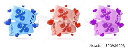 3d coupons icon with percentage sign and hearts in blue, pink and purple color 3d coupons icon with percentage sign and hearts in blue, pink and purple color 130986098
