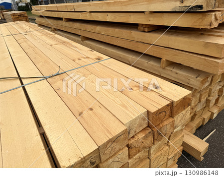 Wooden planks in a hardware store warehouse Wooden planks in a hardware store warehouse 130986148