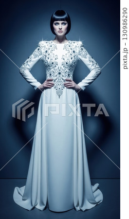 Elegant fashion model in a white long evening gown with crystal embroidery posing in a studio 130986290
